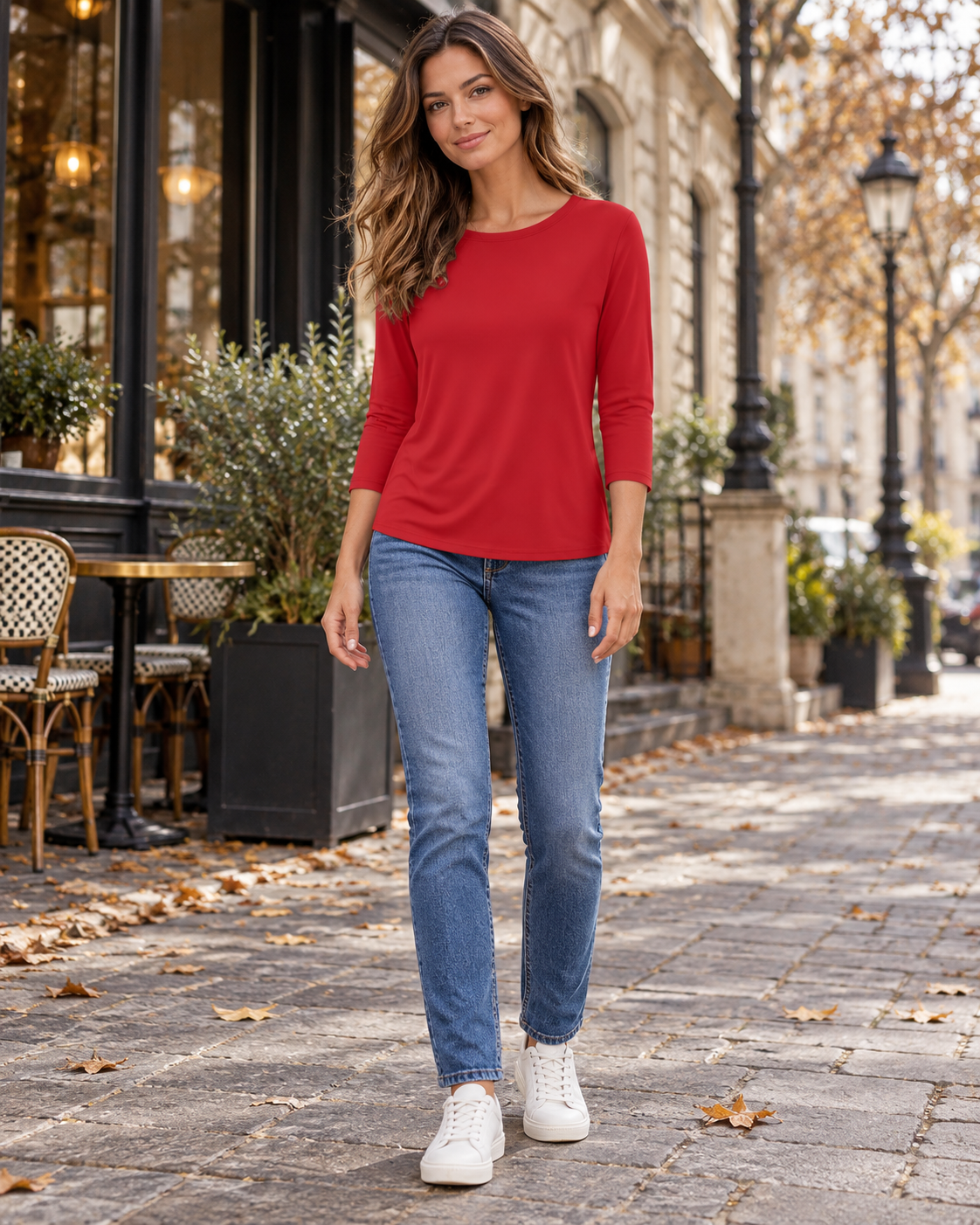 Jessa Haut tunique pour femme à col rond, manches trois-quarts et tissu doux extensible