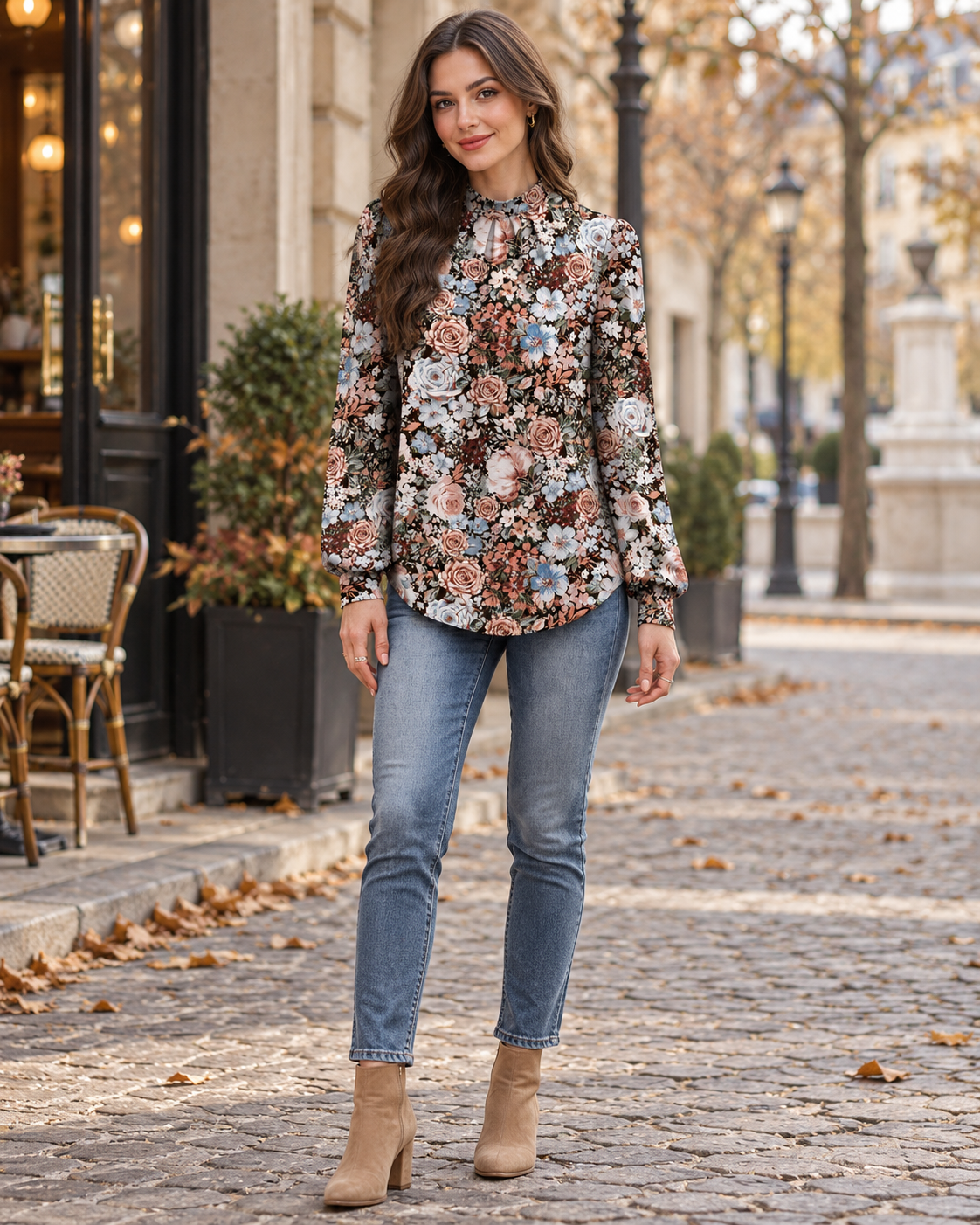 Uma Haut femme fleuri en tissu extensible avec col montant, plis et manches bouffantes