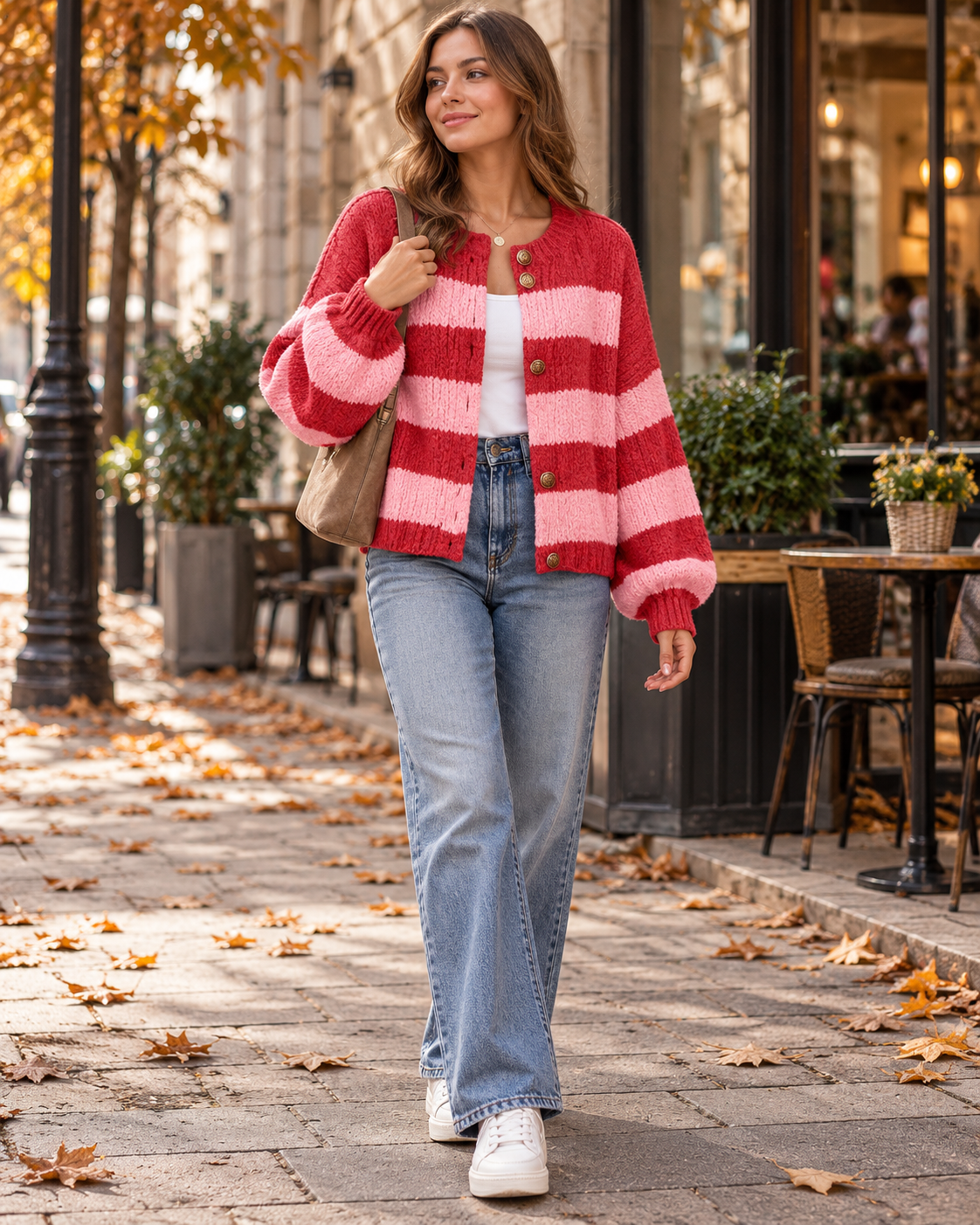 Vienna Cardigan femme oversize rayé en maille à boutons dorés et manches longues