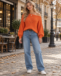 Xandra Pull Femme en Maille Texturée, Épaule Dénudée, Manches Longues avec Coupe Ample