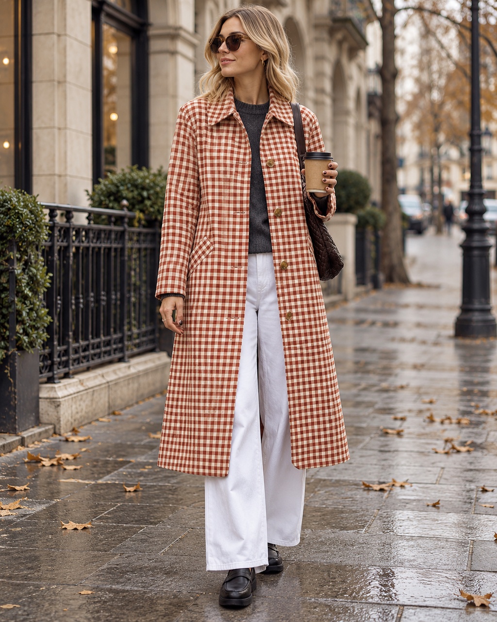 Zaria Manteau trench long pour femme à carreaux avec col à revers et boutonnage simple