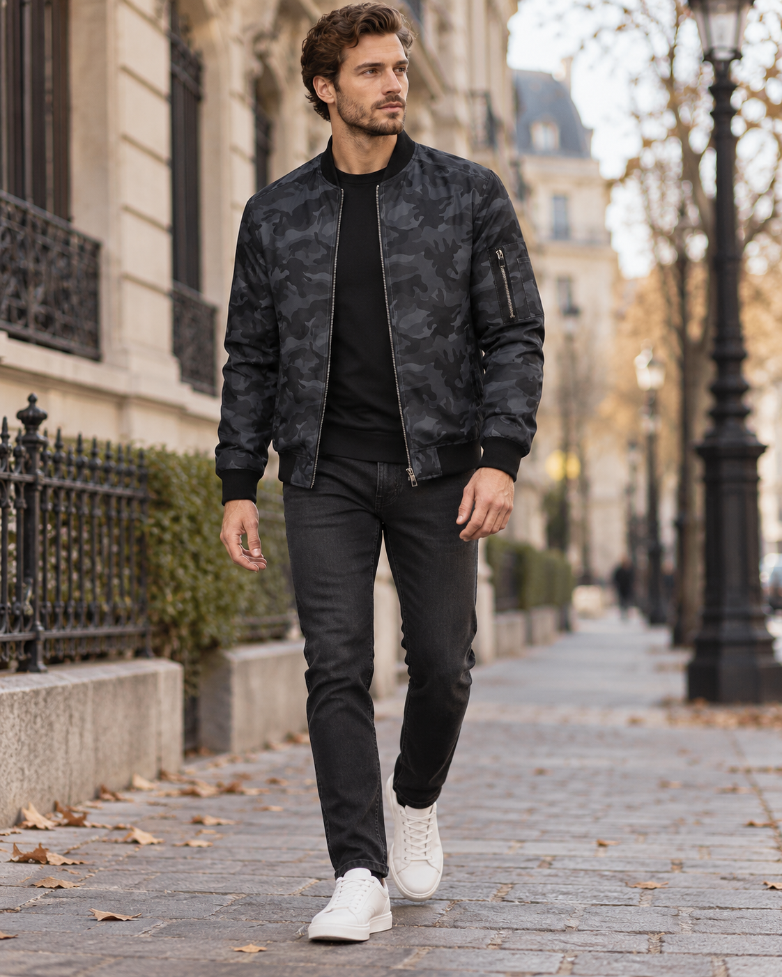 Wesley Veste bomber homme en polyester léger imprimé camouflage avec col et bas côtelés
