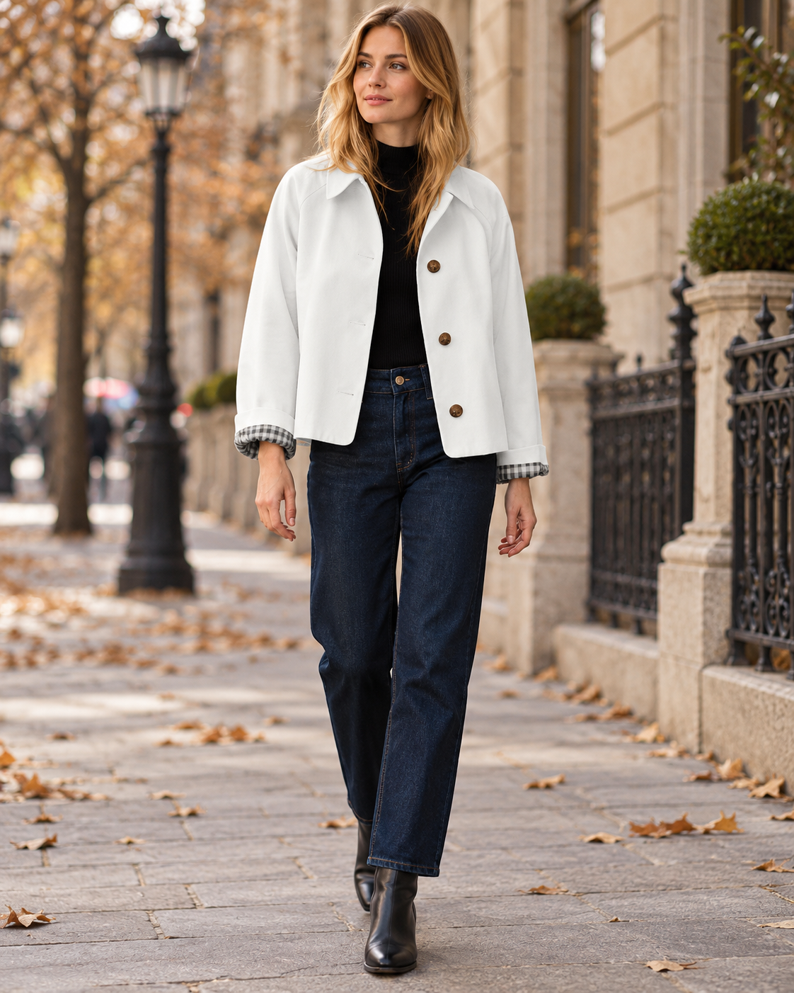 Arielle Trench court pour femme à doublure à carreaux, col pointu et fermeture boutonnée