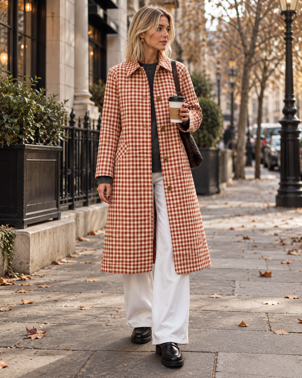 Zaria Manteau trench long pour femme à carreaux avec col à revers et boutonnage simple