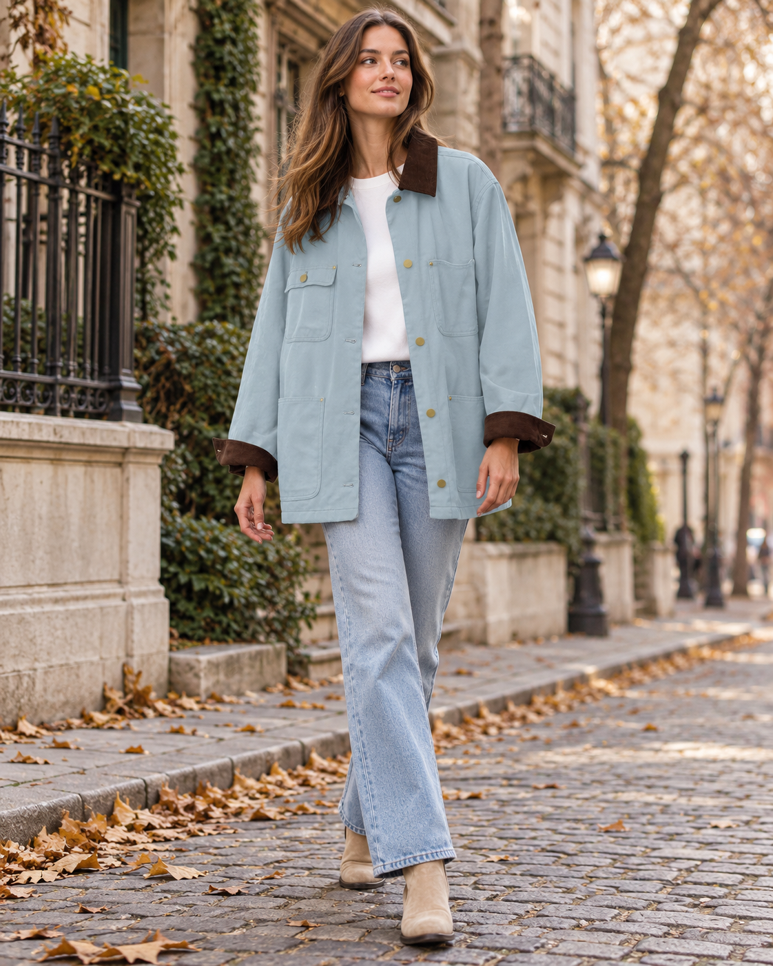 Lara Blouson Femme Oversize en Coton Style Utilitaire, Col Velours et Poches Plaquées