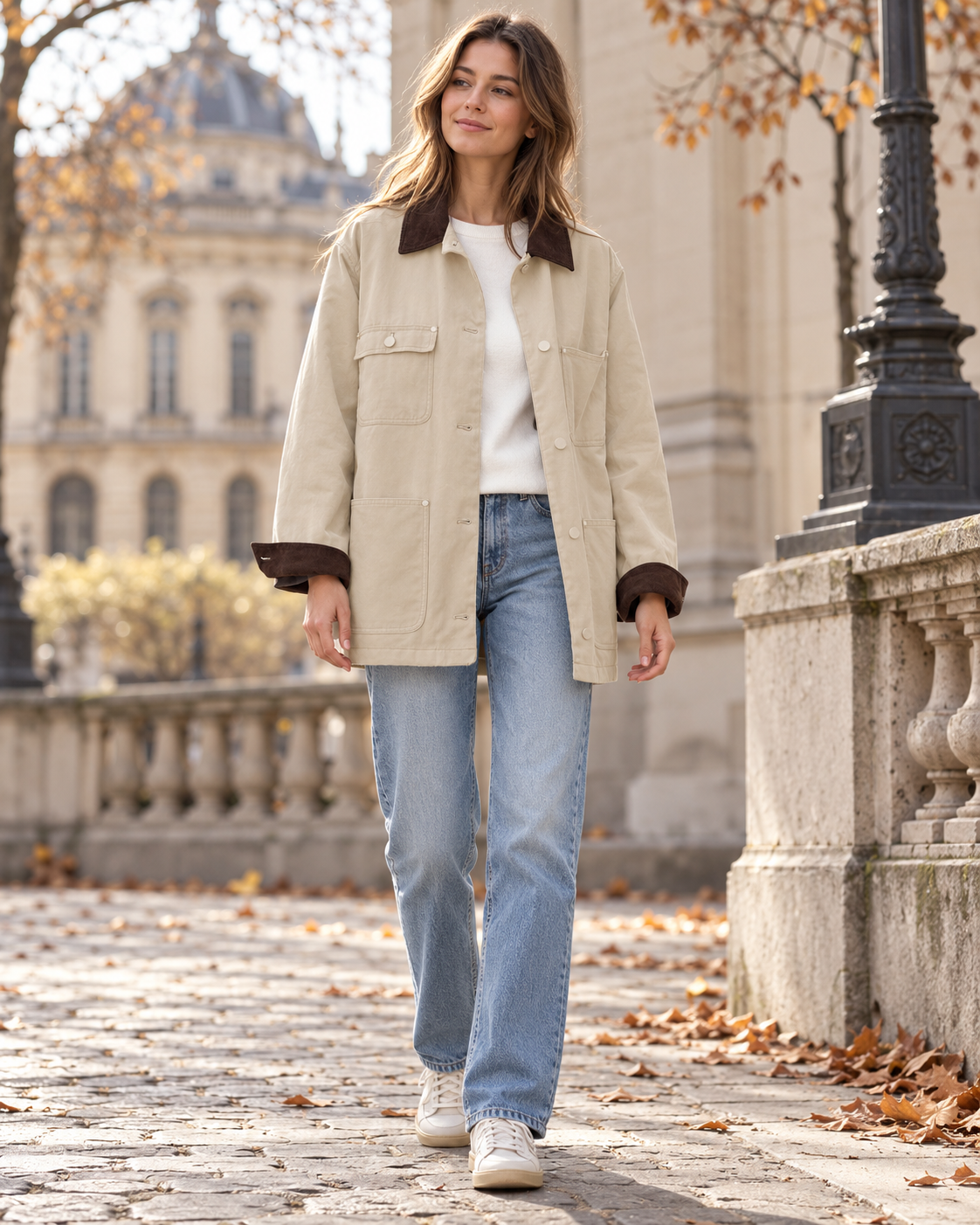 Lara Blouson Femme Oversize en Coton Style Utilitaire, Col Velours et Poches Plaquées