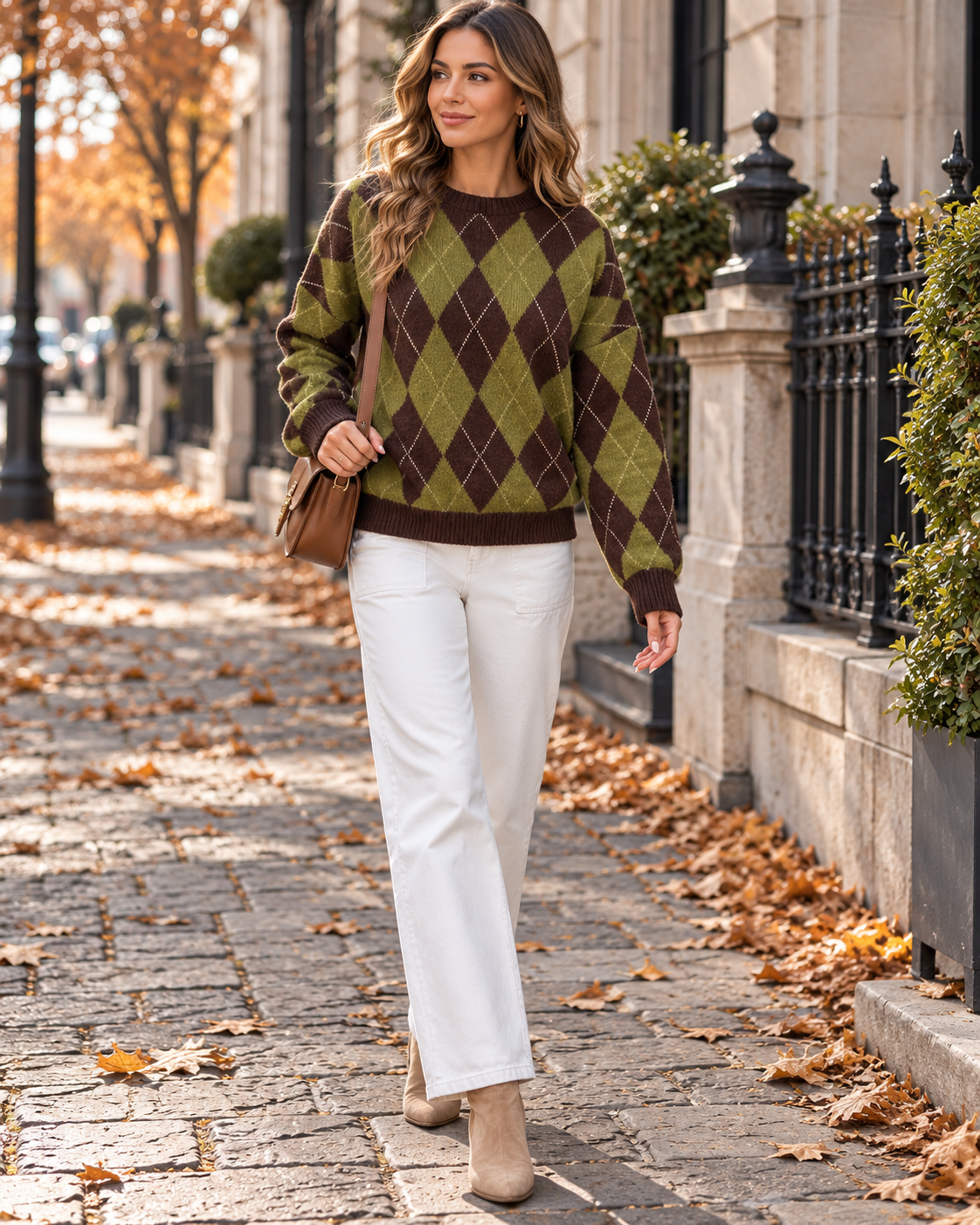Hailey Pull femme en maille à losanges, col rond côtelé et manches longues amples