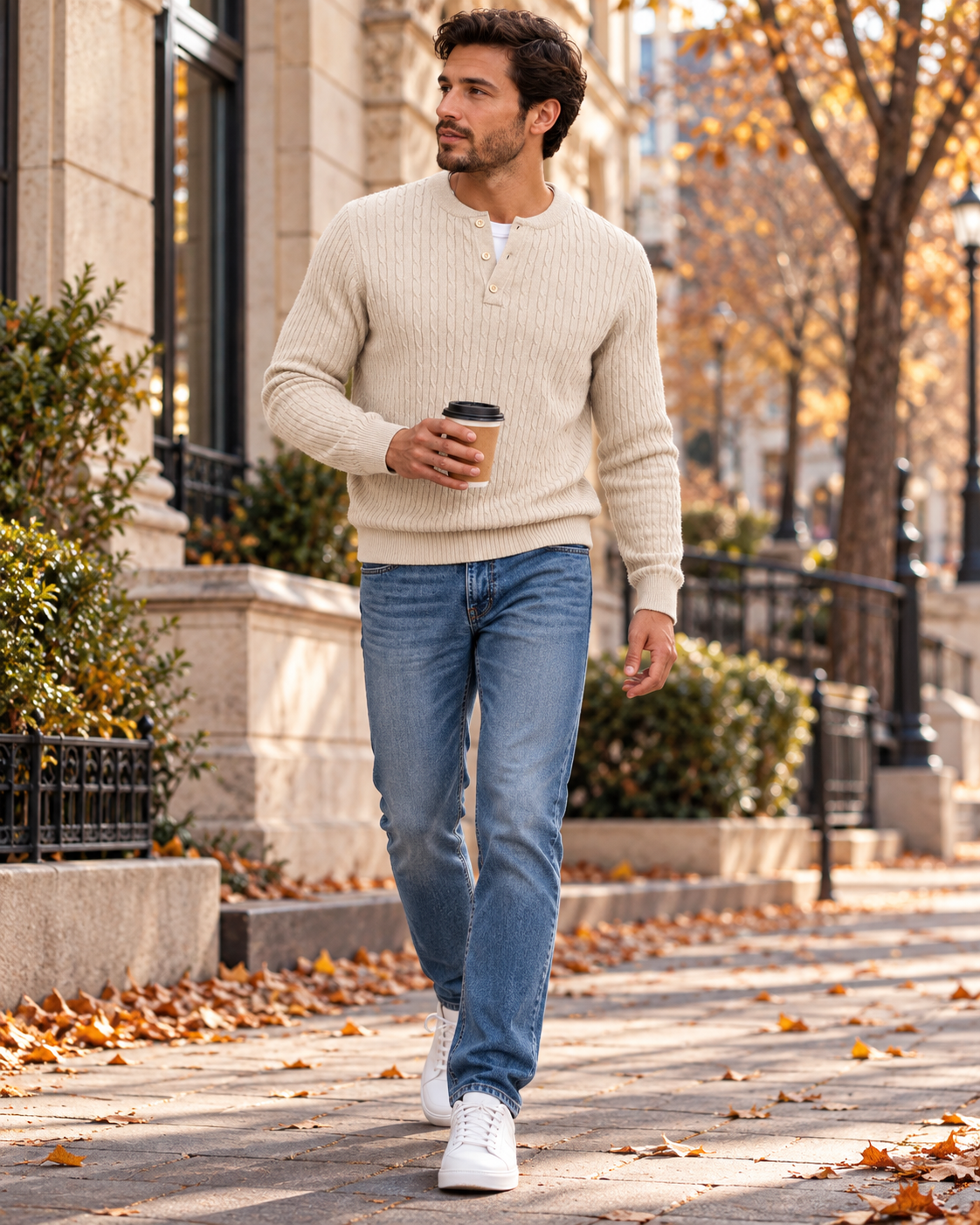 Carlo Pull Homme Henley en Maille Torsadée – Coupe Slim, Trois Boutons et Bords Côtelés