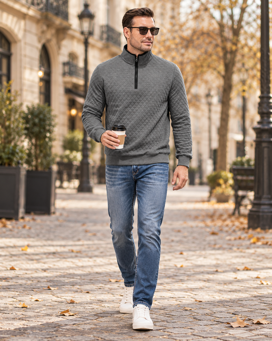 Cedrick Sweat pour homme à losanges matelassés, col montant zippé et bordures côtelées