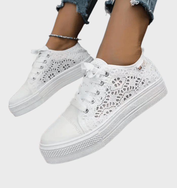Noémie Women's Trainers – White Lace-Up Sneakers, Breathable & Non-Slip Sole