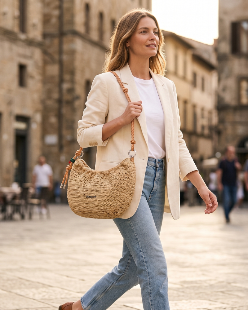 Piper Sac Bandoulière Femme – Sac Ovale en Raphia Bandoulières Amovibles Fermeture Zip
