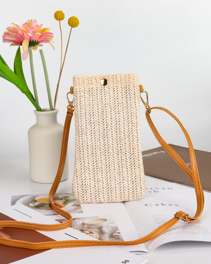 Marlow Pochette para teléfono de mujer – Bolso bandolera de paja con cierre magnético ajustable