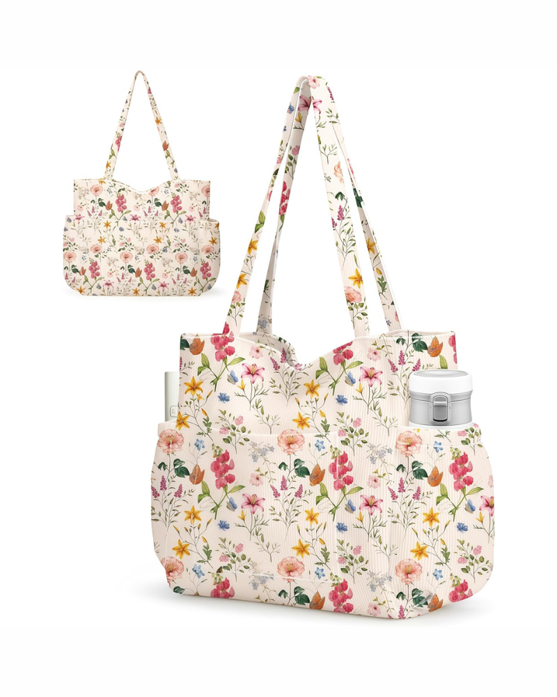 Bolso tote Hadley para mujer – Gran shopper de terciopelo acanalado floral con múltiples bolsillos