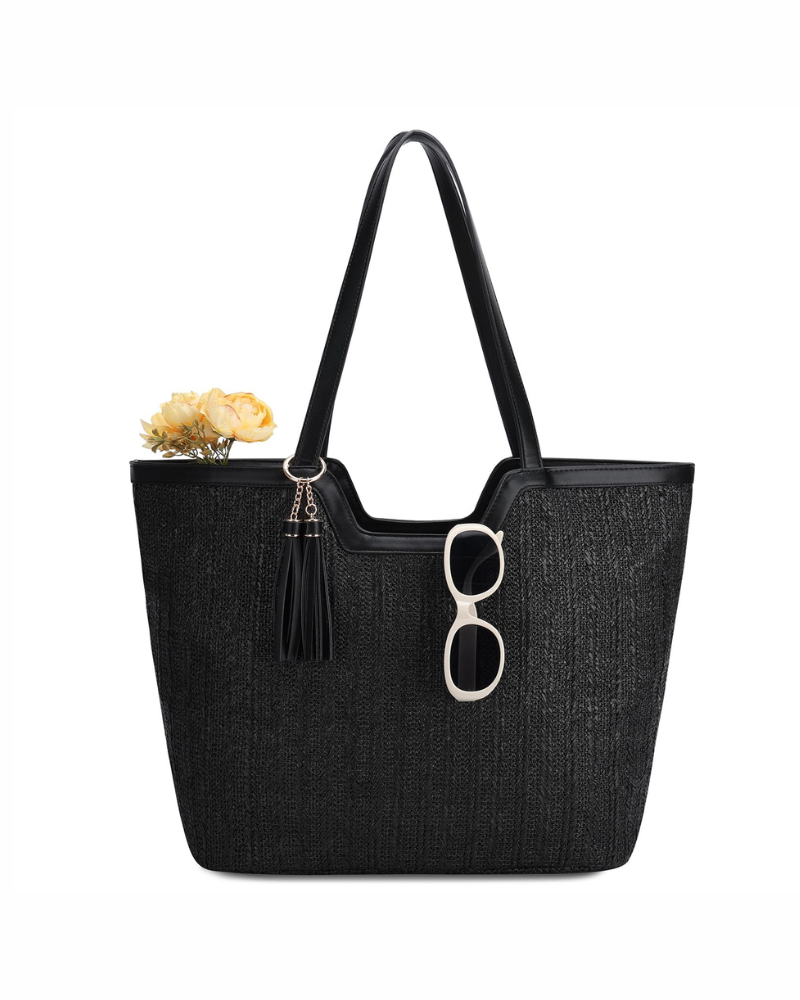 Blair Borsa a Mano Donna – Borsa in Paglia Intrecciata Boho con Chiusura a Zip e Pon Pon