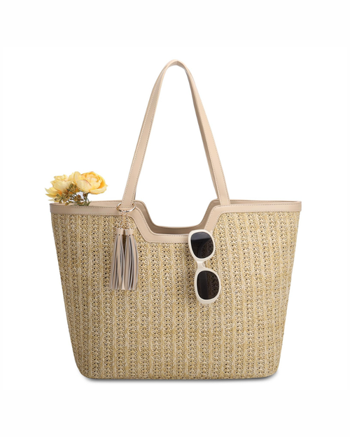 Blair Sac Cabas Femme – Sac en Paille Tressée Bohème avec Fermeture Zippée et Pompons