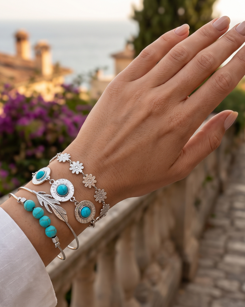 Fallon Bracelet Femme – Bracelet Chaîne Turquoise Motif Feuille Florale en Acier Alliage