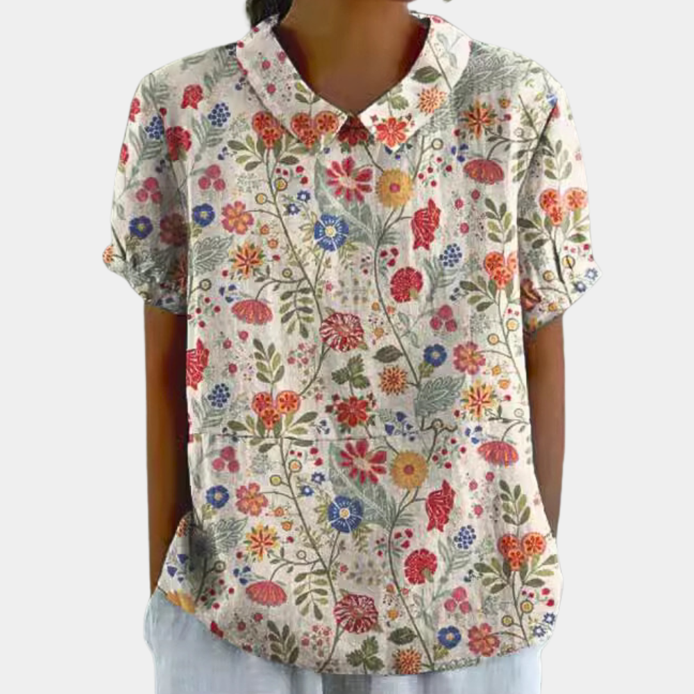 Maelis Blouse Femme – Blouse Décontractée à Manches Courtes avec Imprimé Floral Champêtre et Col Rond