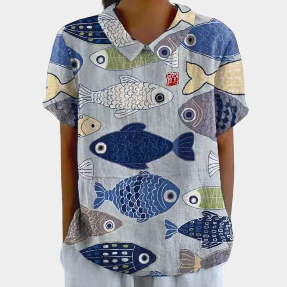 Maelis Blouse Femme – Blouse Décontractée à Manches Courtes avec Imprimé Floral Champêtre et Col Rond