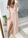 Sarah Robe de Soirée Femme – Robe Longue à Col V avec Fente Élégante & Manches Longues
