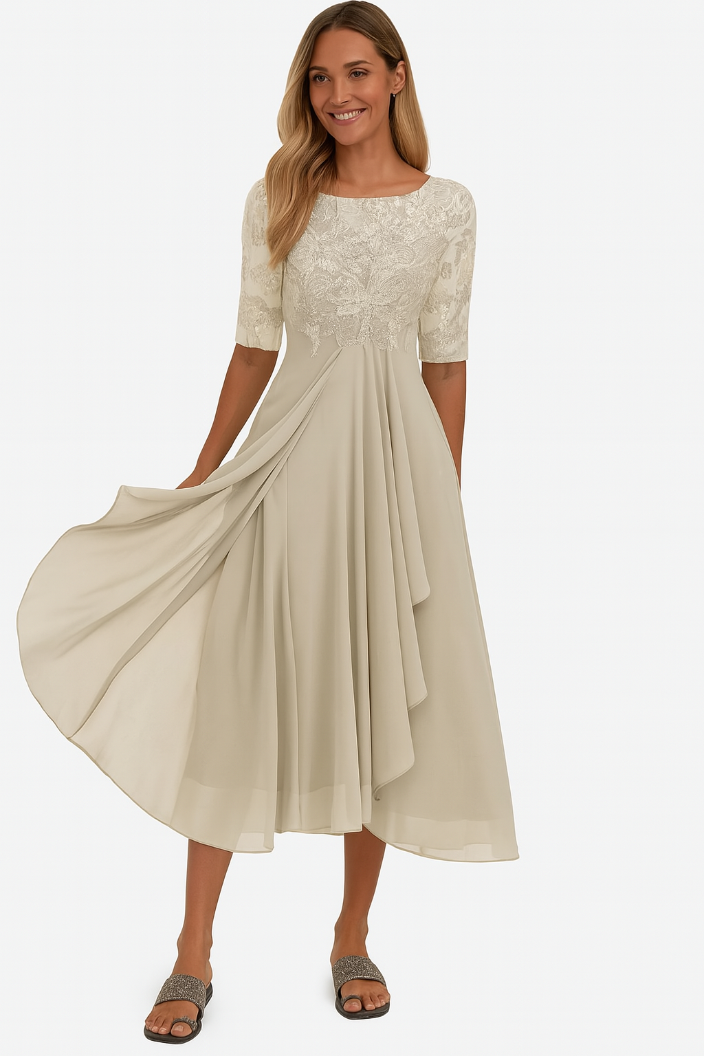 Natalie Robe Élégante Femme – Robe Mi-Longue en Dentelle et Mousseline avec Coupe A-Ligne