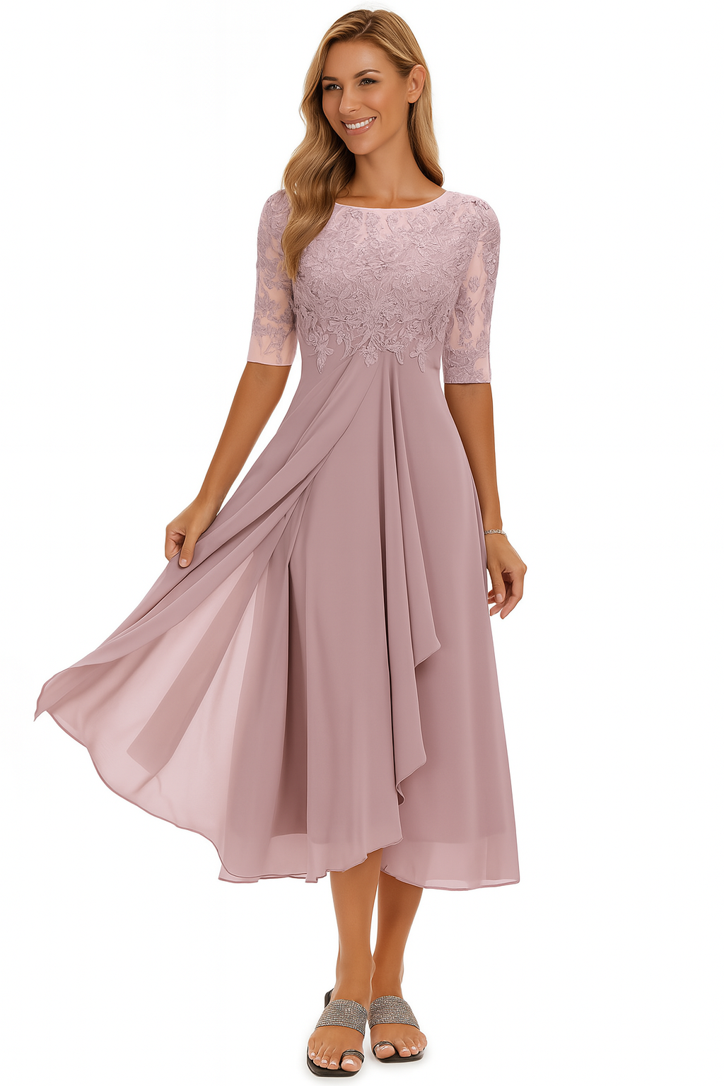Natalie Robe Élégante Femme – Robe Mi-Longue en Dentelle et Mousseline avec Coupe A-Ligne