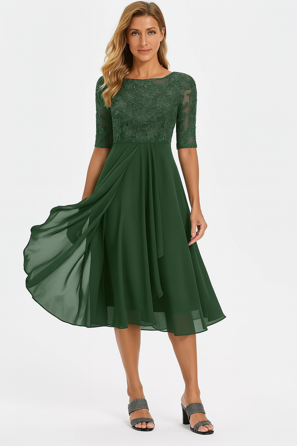 Natalie Robe Élégante Femme – Robe Mi-Longue en Dentelle et Mousseline avec Coupe A-Ligne