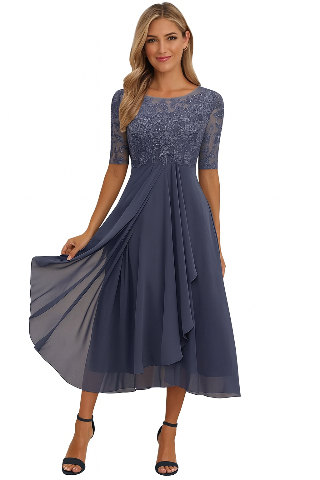 Natalie Robe Élégante Femme – Robe Mi-Longue en Dentelle et Mousseline avec Coupe A-Ligne