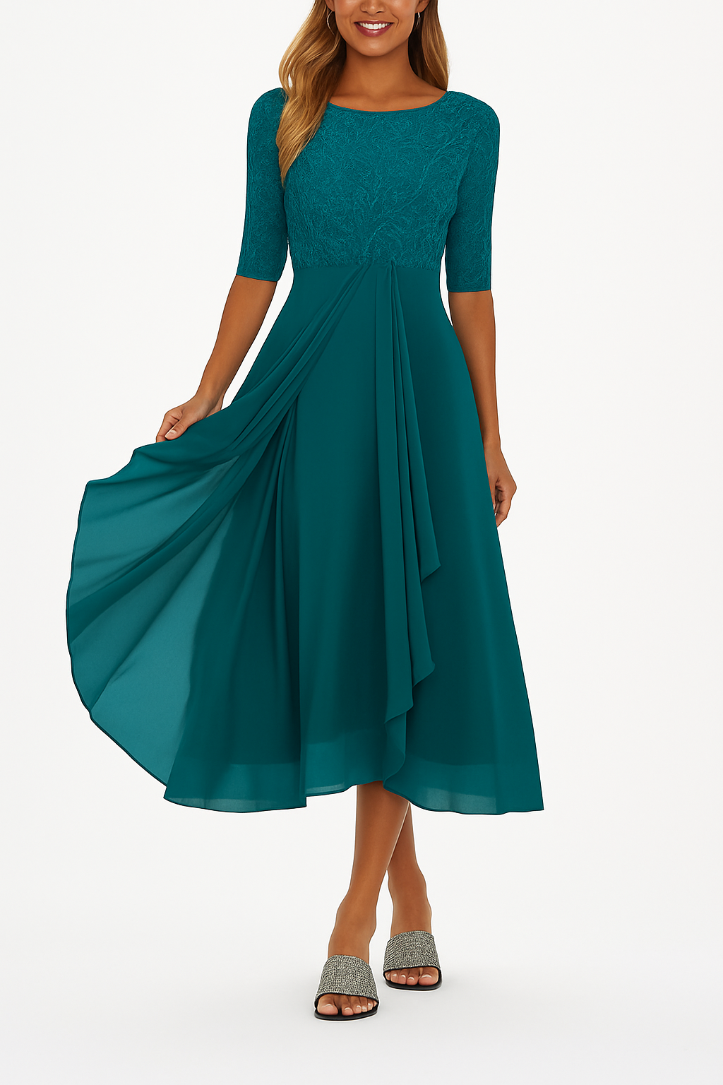 Natalie Robe Élégante Femme – Robe Mi-Longue en Dentelle et Mousseline avec Coupe A-Ligne