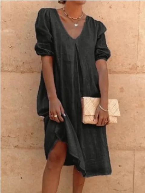Irish Robe Midi Femme – Robe Fluide à Encolure en V avec Manches Bouffantes & Coupe Décontractée
