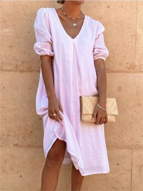 Irish Robe Midi Femme – Robe Fluide à Encolure en V avec Manches Bouffantes & Coupe Décontractée
