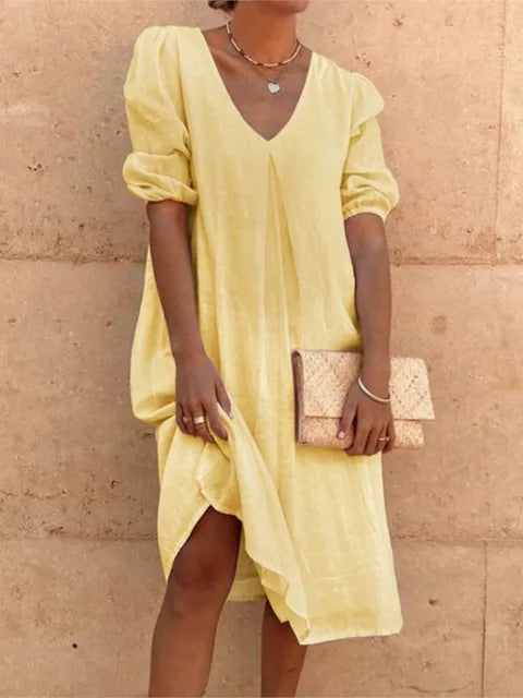 Irish Robe Midi Femme – Robe Fluide à Encolure en V avec Manches Bouffantes & Coupe Décontractée