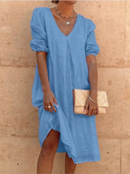 Irish Robe Midi Femme – Robe Fluide à Encolure en V avec Manches Bouffantes & Coupe Décontractée