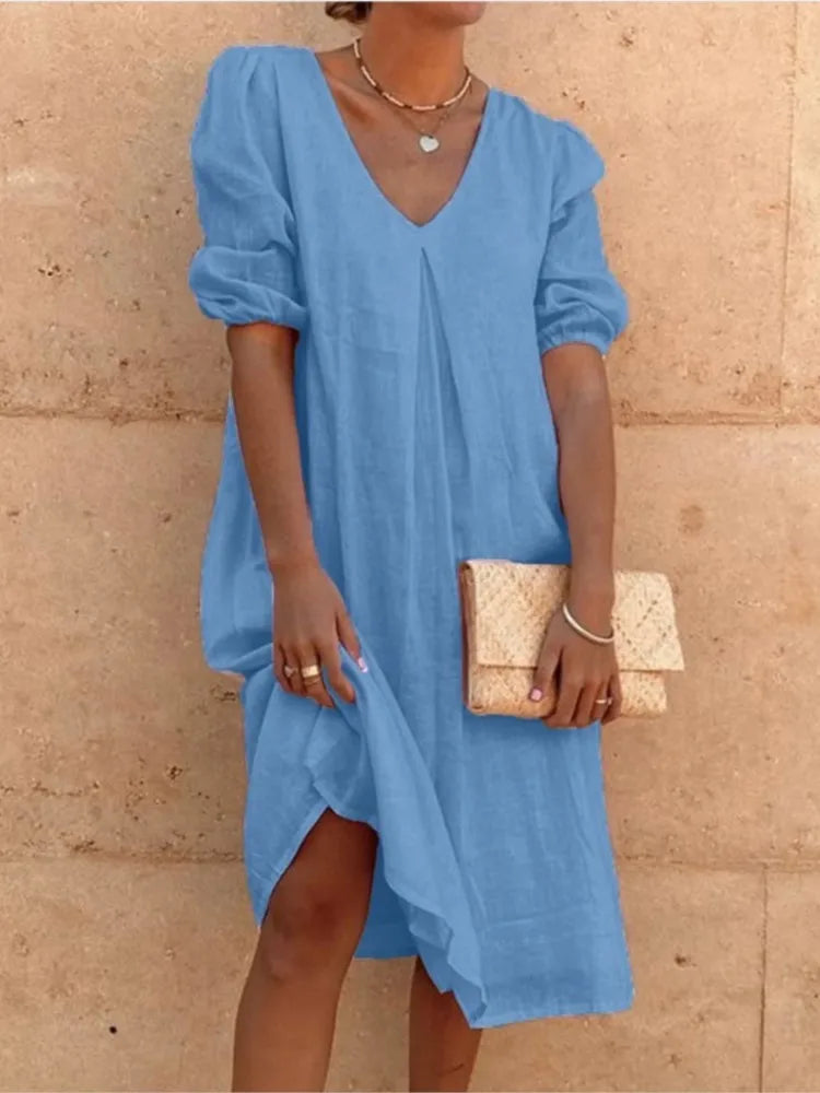 Irish Robe Midi Femme – Robe Fluide à Encolure en V avec Manches Bouffantes & Coupe Décontractée