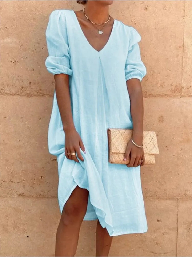 Irish Robe Midi Femme – Robe Fluide à Encolure en V avec Manches Bouffantes & Coupe Décontractée