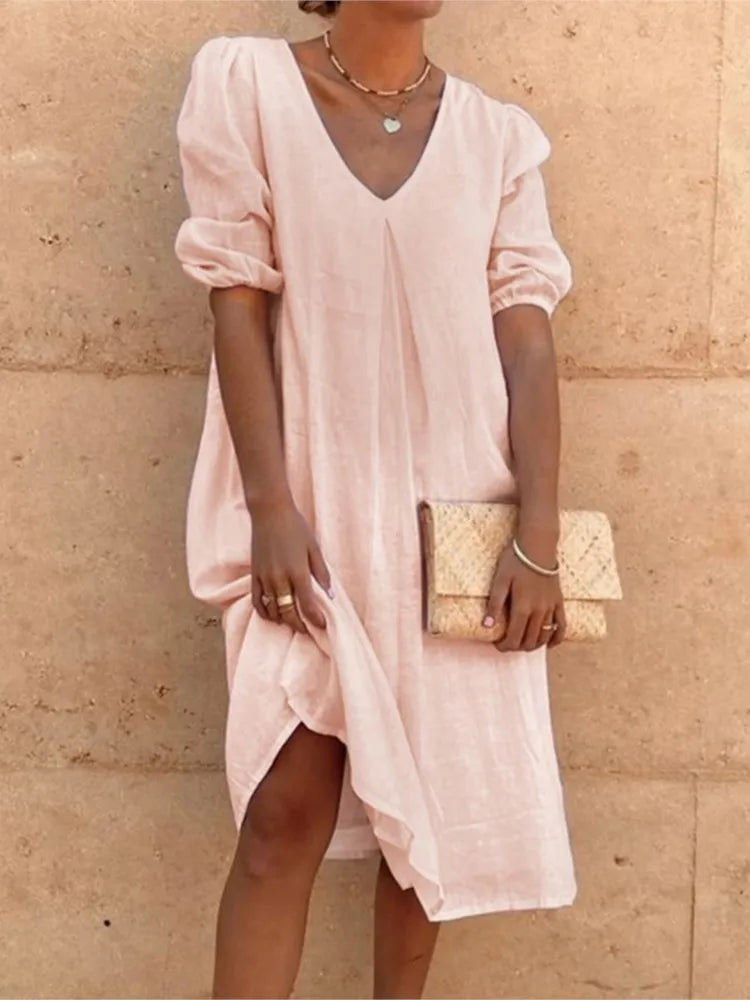 Irish Robe Midi Femme – Robe Fluide à Encolure en V avec Manches Bouffantes & Coupe Décontractée