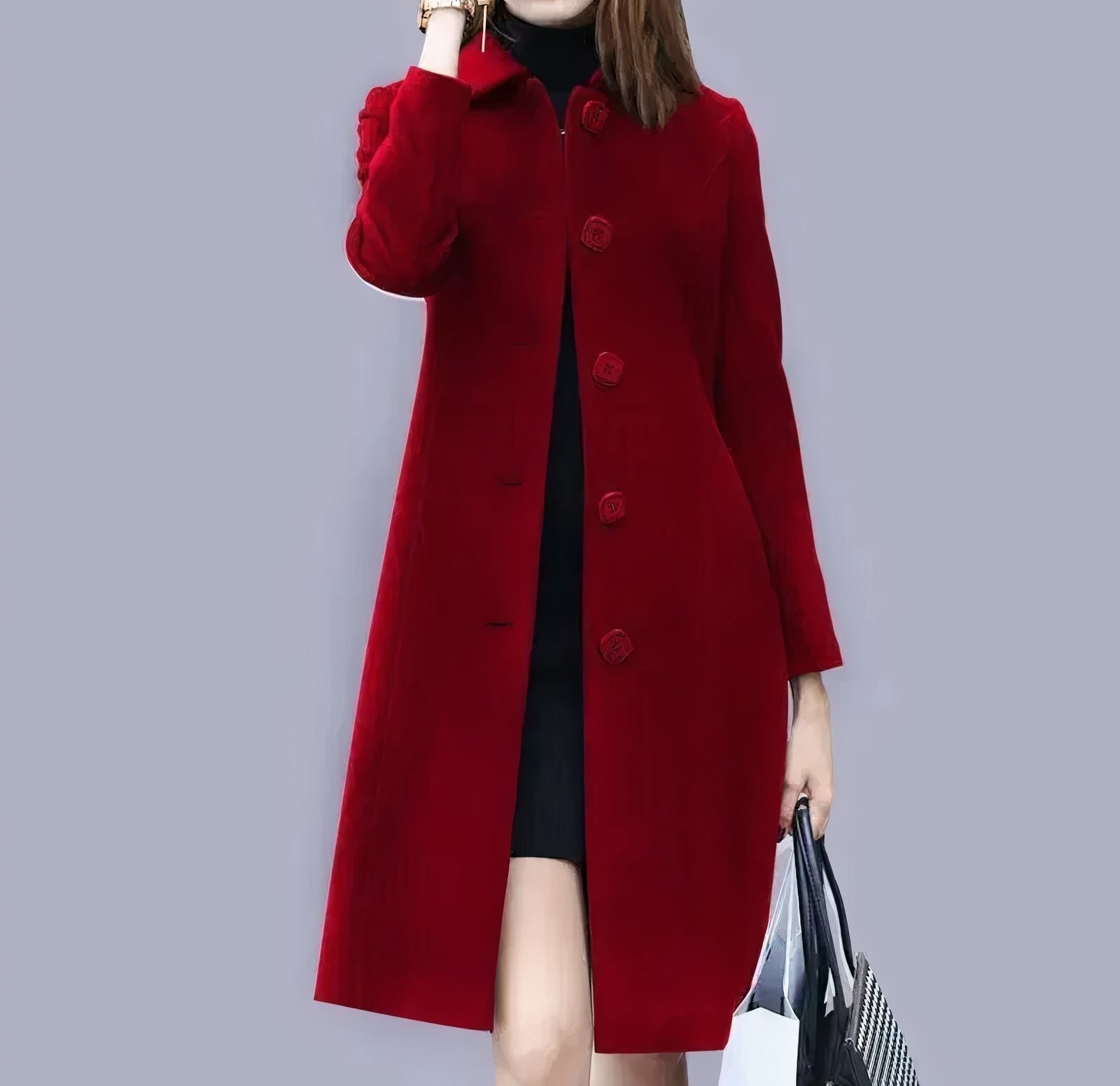 Jennifer Elegant Women's Coat – Classic Long Coat with Chic Collar, Buttons & Comfortable Fit