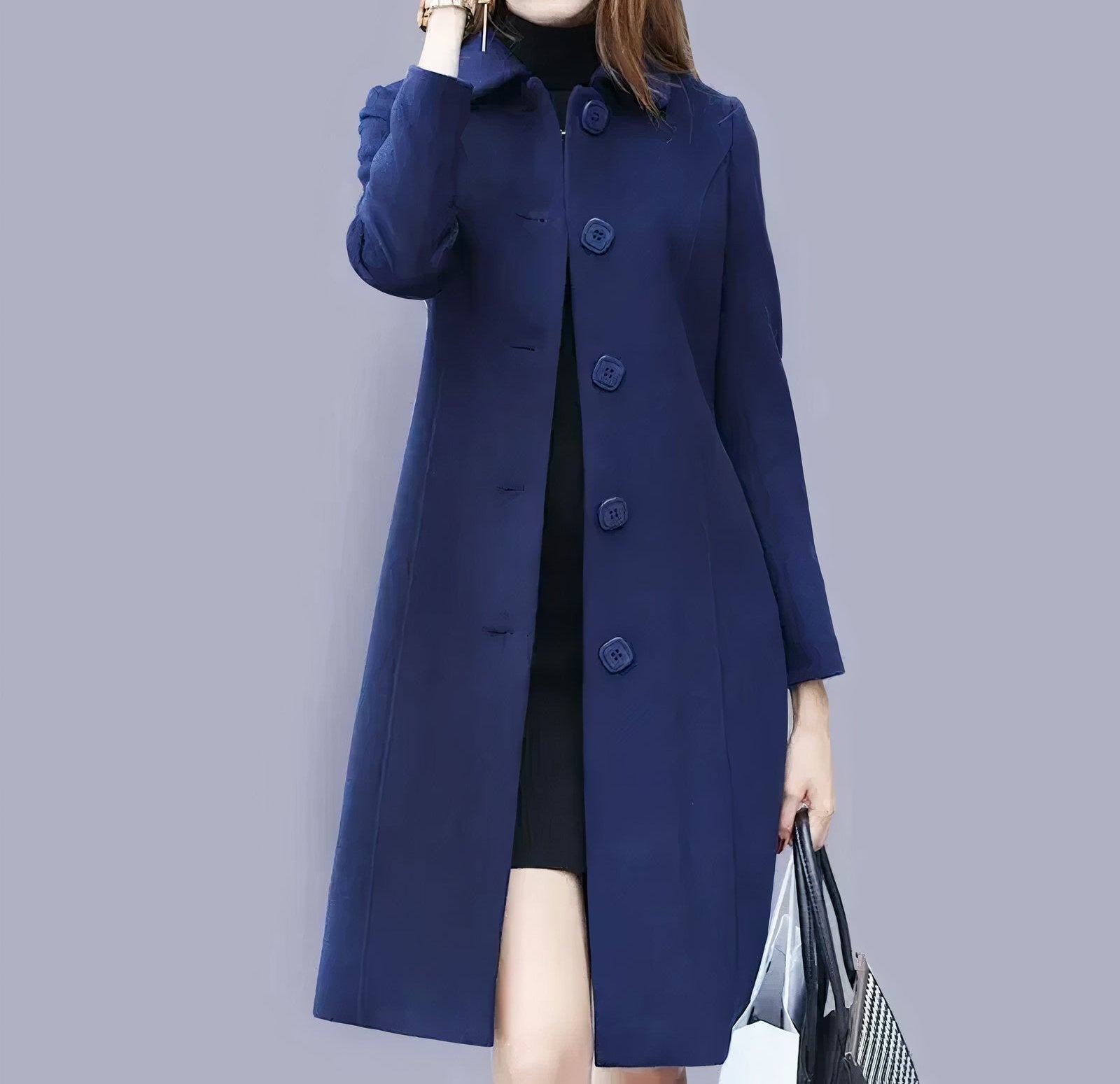 Jennifer Elegant Women's Coat – Classic Long Coat with Chic Collar, Buttons & Comfortable Fit