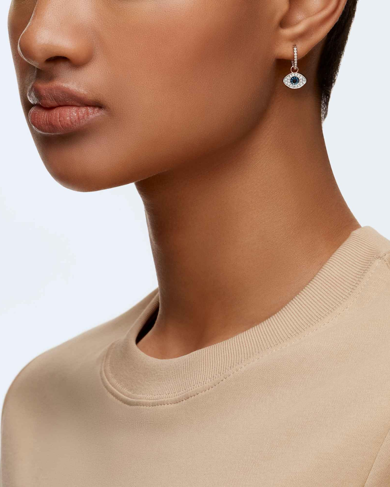Penelope Boucles d'Oreilles Femme – Créoles Plaquées Or Rose Pendentif Œil Cristaux Pavés