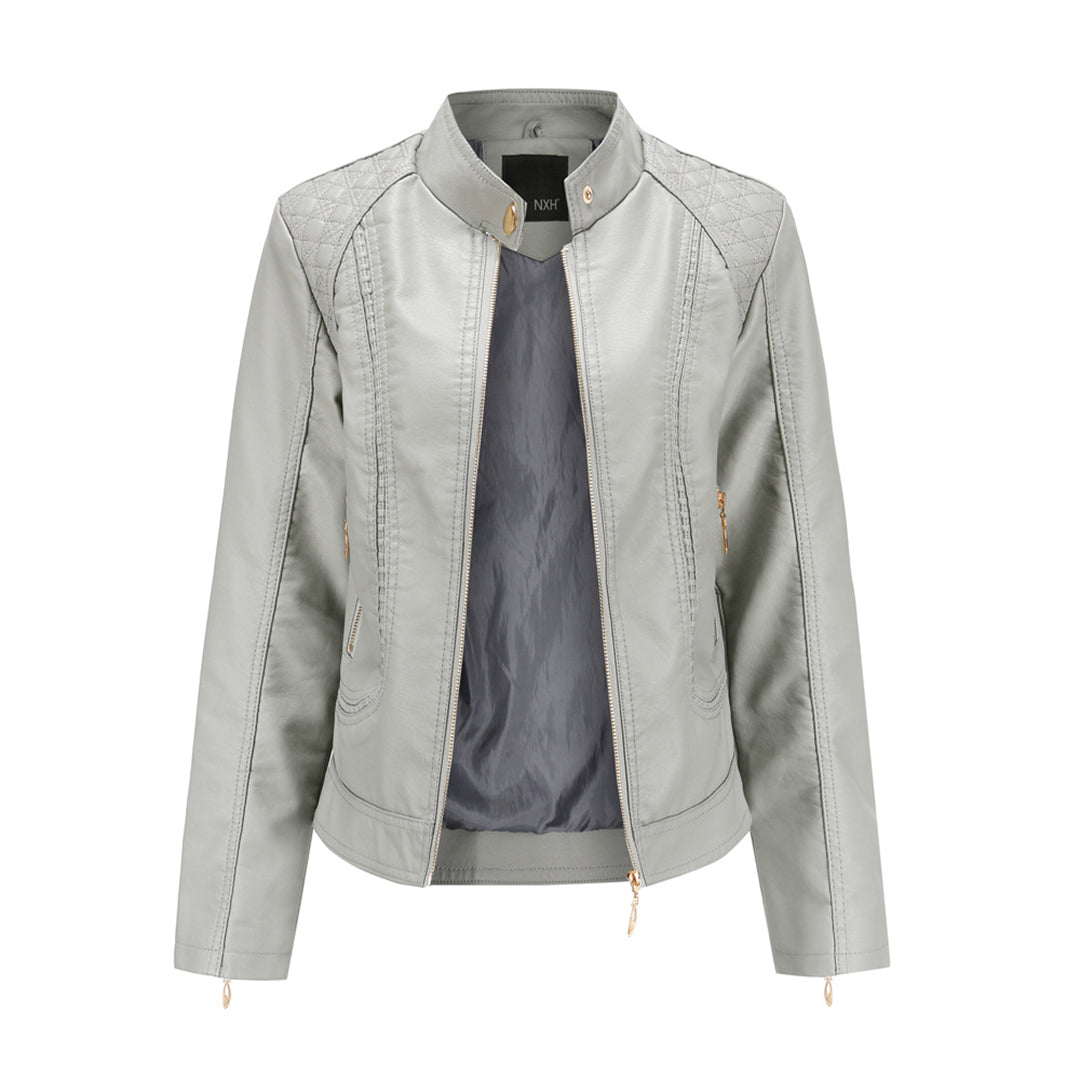 Avery Women's Leather Jacket – Stylish Stand-Up Collar Jacket with Zipper & Timeless Style