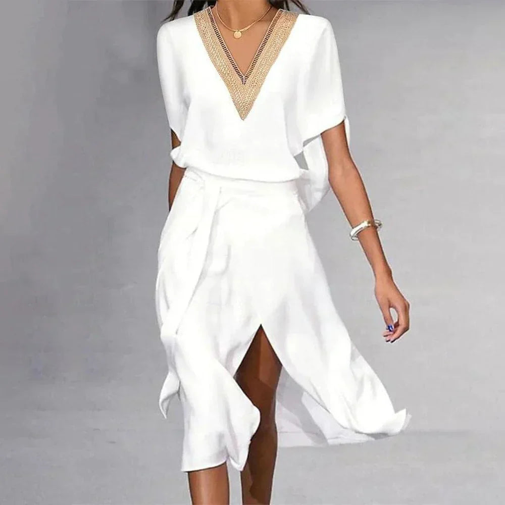 Madison Women's Midi Dress – Elegant White Dress with V-Neck & Timeless Minimalist Design