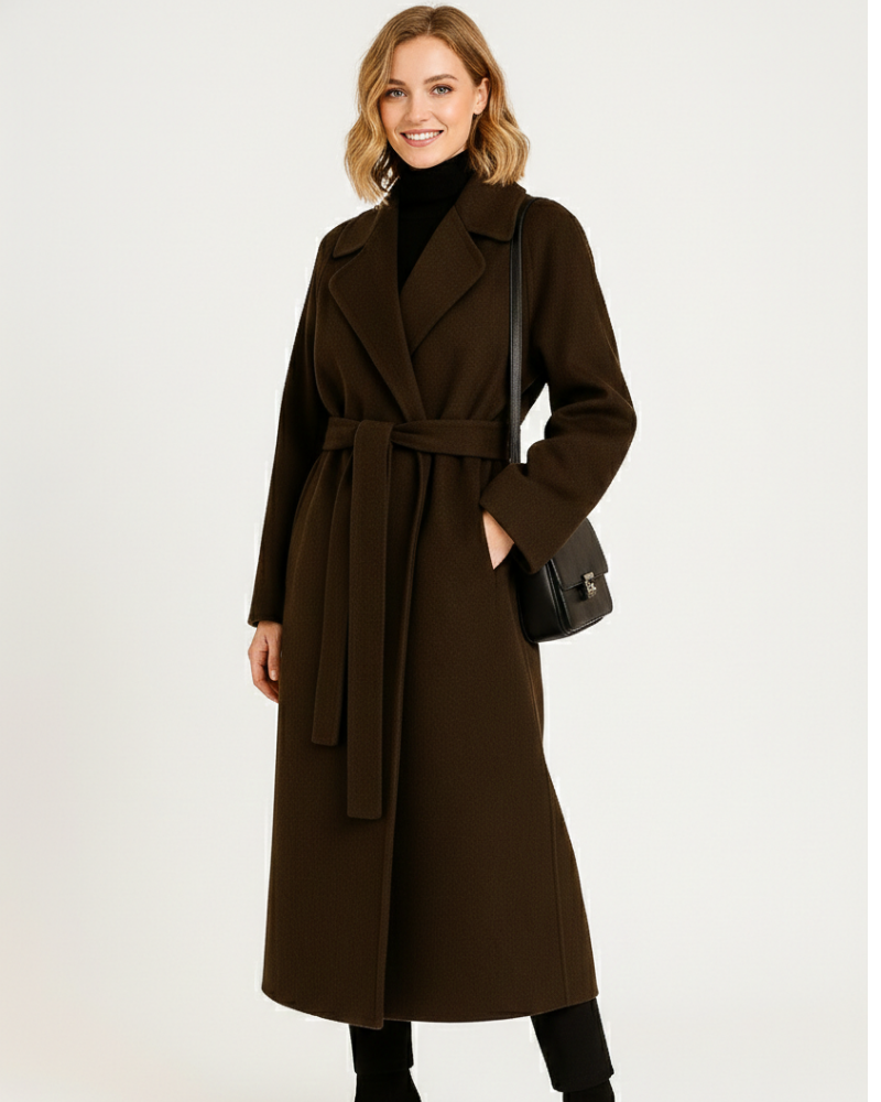 Ashley Women's Long Coat – Elegant Wool Blend Coat with Classic Lapel Collar