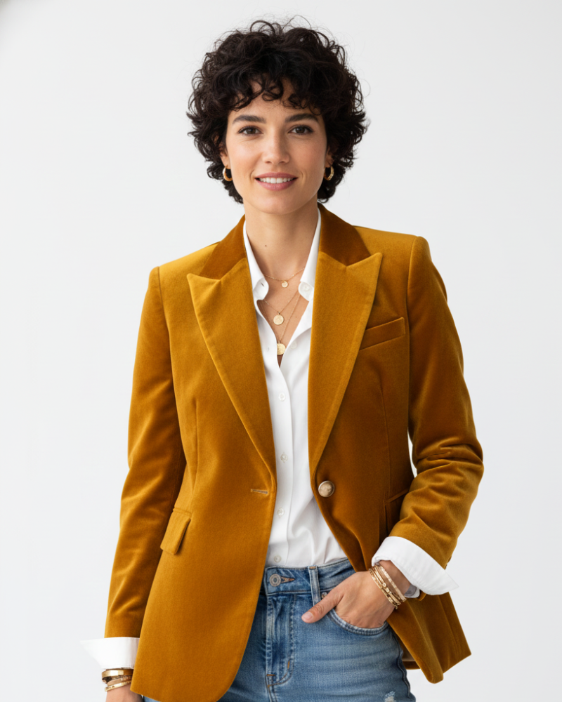 Violetta Blazer Femme en Velours – Blazer Élégant avec Boutons Dorés et Coupe Structurée