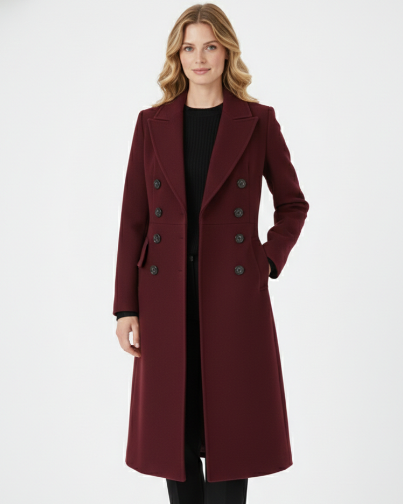 Sophia Women's Long Coat – Double-Breasted Wool Coat with Elegant Lapel Collar