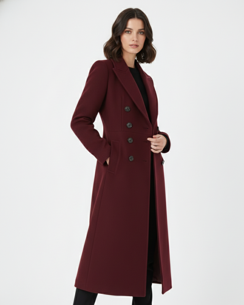 Sophia Women's Long Coat – Double-Breasted Wool Coat with Elegant Lapel Collar