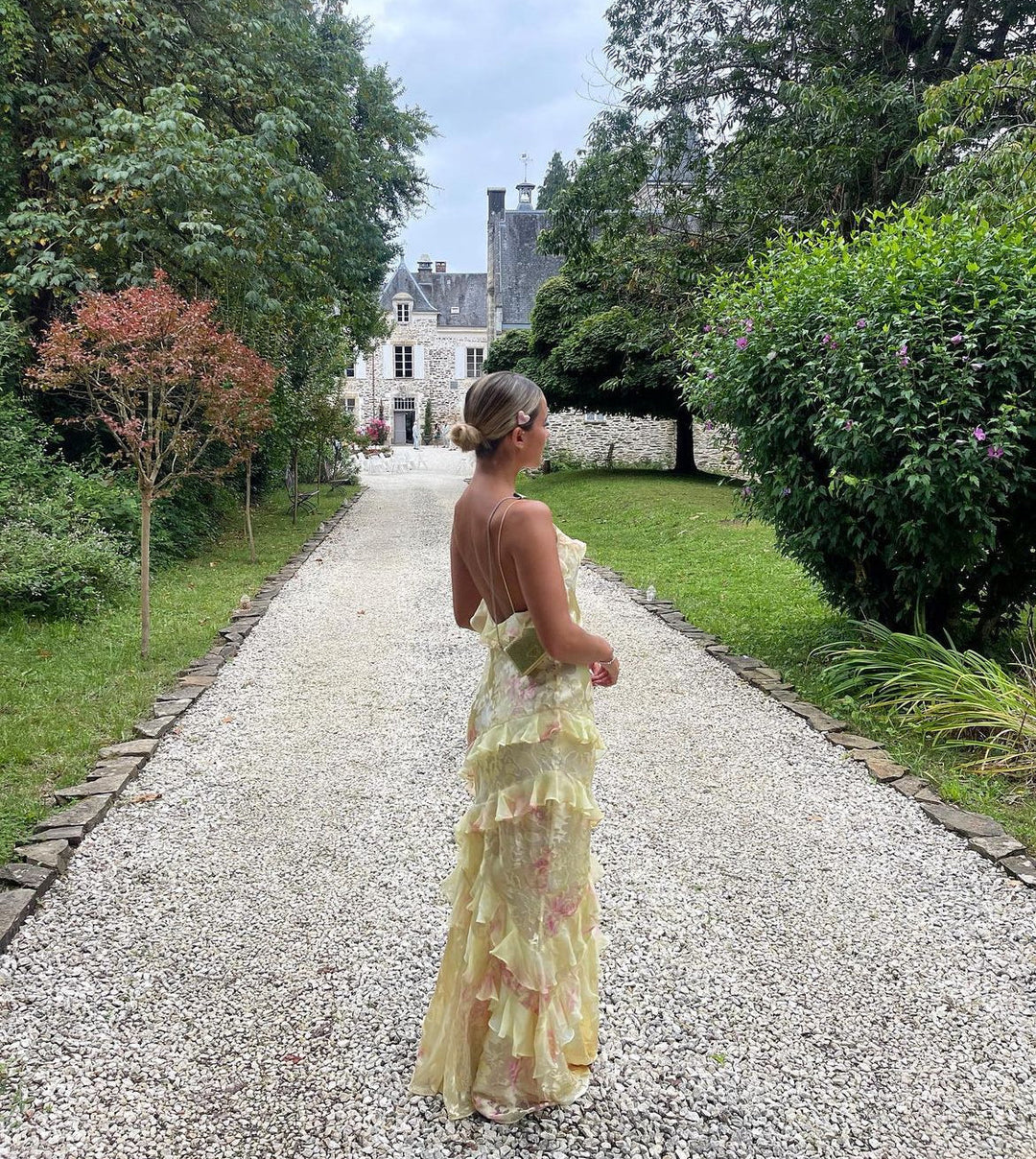 Brielle Vestido Largo de Mujer - Vestido Elegante con Volantes, Espalda Descubierta y Silueta Fluida