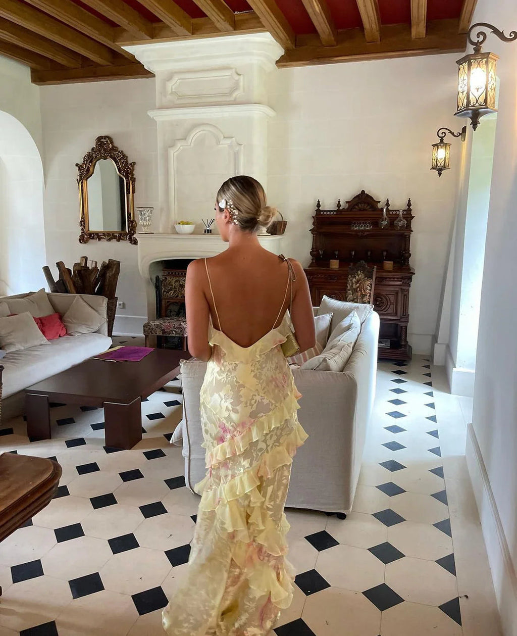 Brielle Vestido Largo de Mujer - Vestido Elegante con Volantes, Espalda Descubierta y Silueta Fluida
