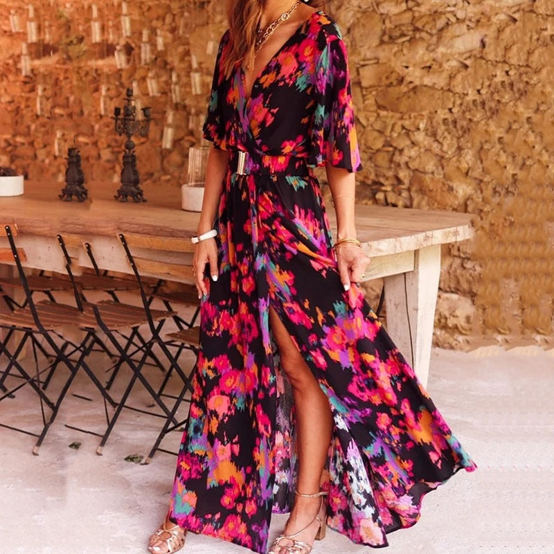 Océane Robe Longue Femme – Robe Portefeuille Fluide à Coupe Élégante pour Printemps & Été