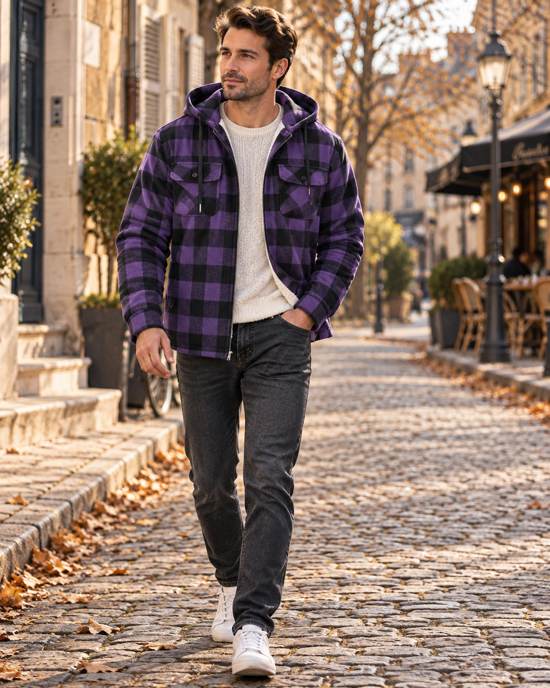 Lennox Veste à Carreaux Homme – Doublure Sherpa, Capuche, Zip Intégral et 4 Poches