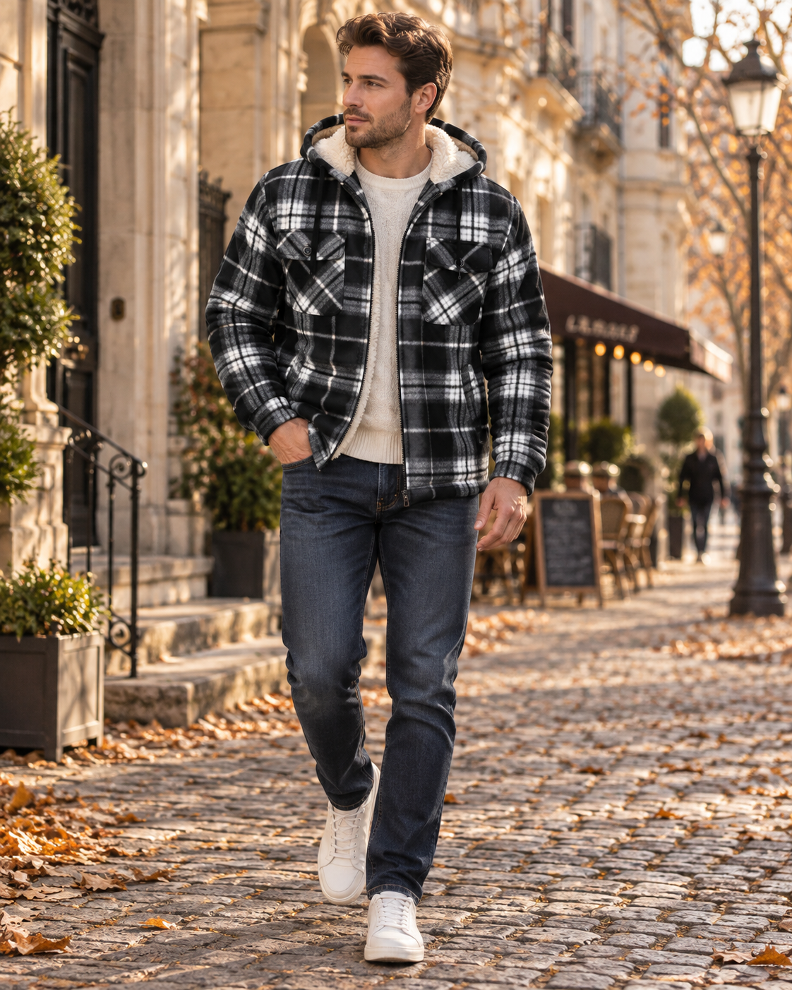 Lennox Veste à Carreaux Homme – Doublure Sherpa, Capuche, Zip Intégral et 4 Poches