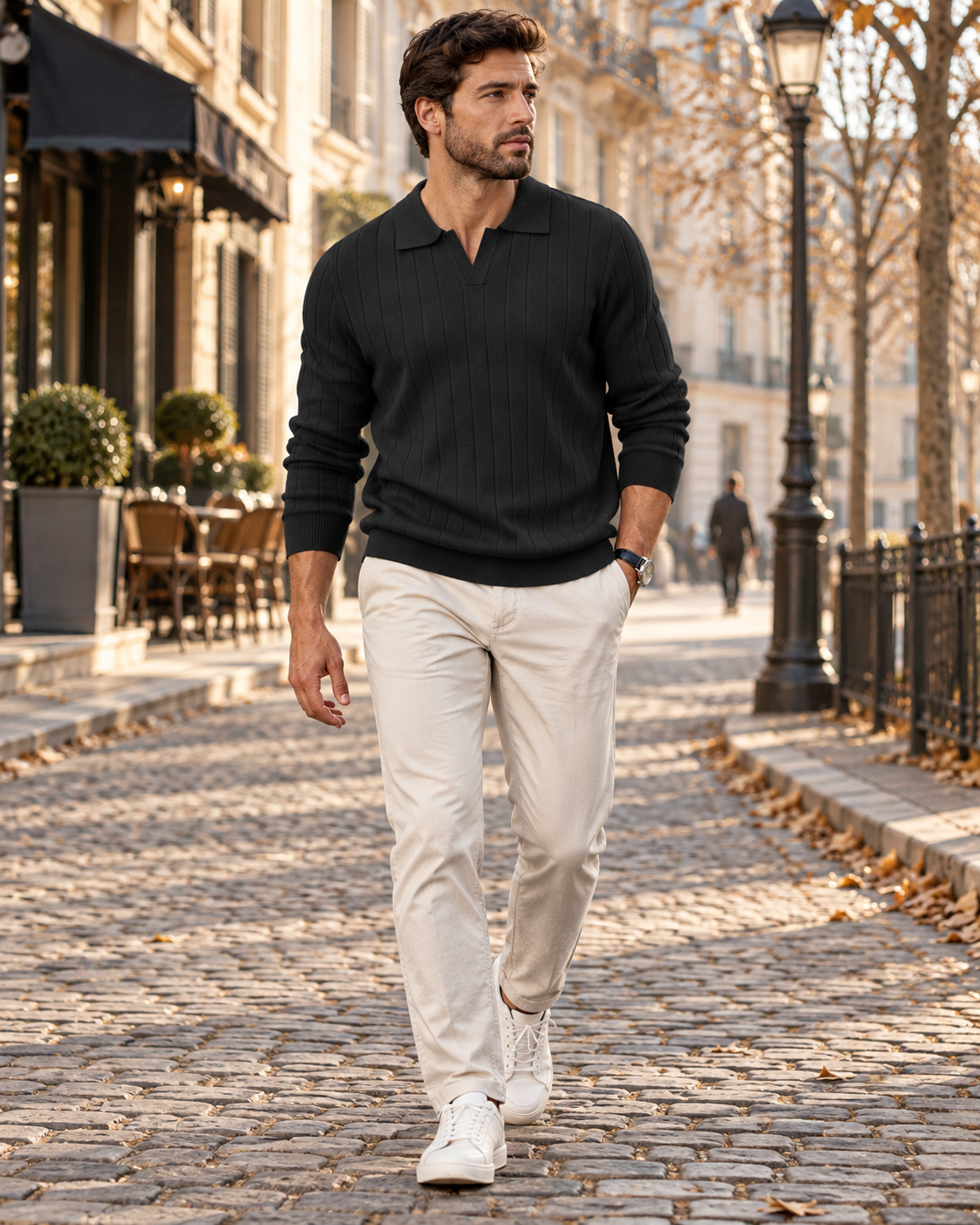 Percival Pull Polo Homme – Maille Texturée, Col V, Manches Longues et Finitions Côtelées